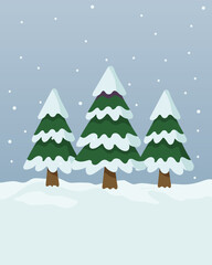 Minimal winter illustration of snow covered pine trees under a calm sky with falling snow, creating a peaceful cold-season forest scene.