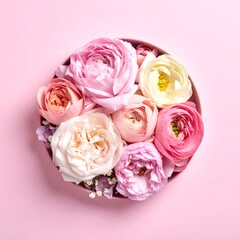 A close-up, overhead shot of a round floral arrangement. It features various shades of pink and cream blooms. The blooms are in a pink container on a pink backdrop