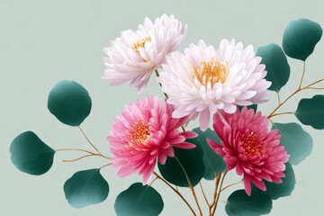 Pink and white chrysanthemums with eucalyptus branches