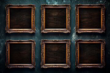 Many empty ornate wooden picture frames in different sizes hanging on a vintage wall, blank frame background