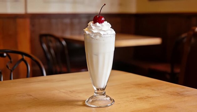 Create a descriptive, classic vanilla milkshake with whipped cream and cherry topping. old fashioned diner.