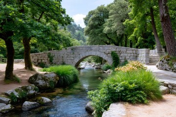 Fototapeta premium Stone arch bridge spanning over a clear mountain river