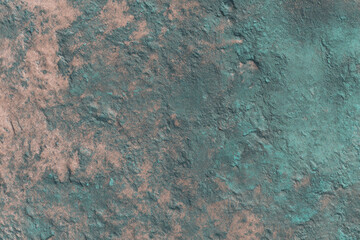 Oxidized copper patina texture with rough surface and natural green blue coloration creating aged weathered appearance suitable for backgrounds and design