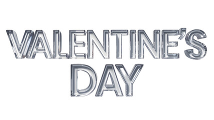 Elegant Valentine's Day 3D glass crystal lettering on white, sophisticated holiday typography with realistic transparency and reflections