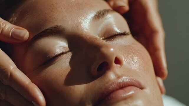 Close-up of a serene woman receiving a facial massage with her eyes closed, hands gently touching her face, against a muted background with a calming ambiance.