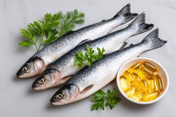 Fresh fish and omega-3 oil capsules for health