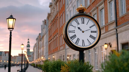 Street clock showing Roman numerals in Gdansk Old Town at dusk
