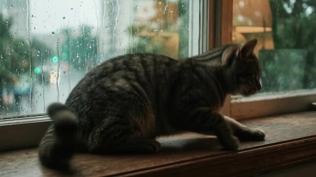 An adorable young grey tabby kitten sits beautifully on a domestic window sill, a cute feline pet portrait of a domestic animal resting in the light