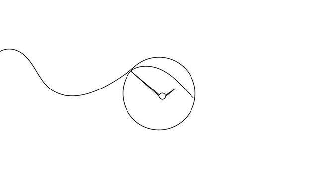 Timepiece clock icon sign continuous one line drawing on white background minimalist single art routine and time alert symbol 4k animation video