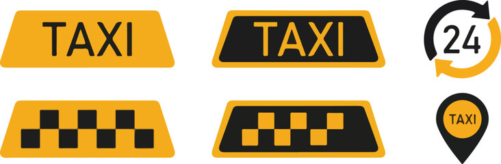 Taxi signs and labels in yellow and black on