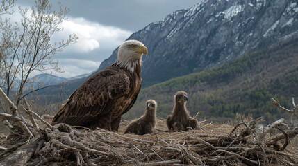  Bald eagle with its 2 young