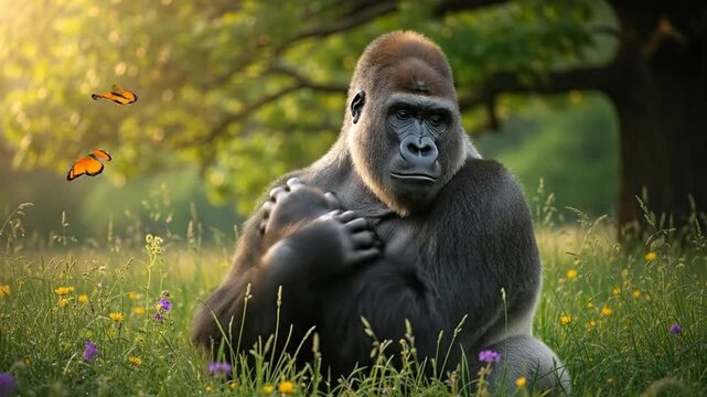 Silverback gorilla sitting calmly in a lush green temperate meadow