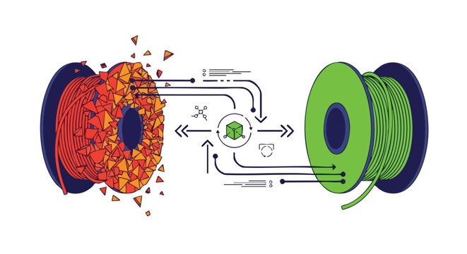 3D printing filament transformation from raw material to finished product, symbolizing innovation and manufacturing processes.