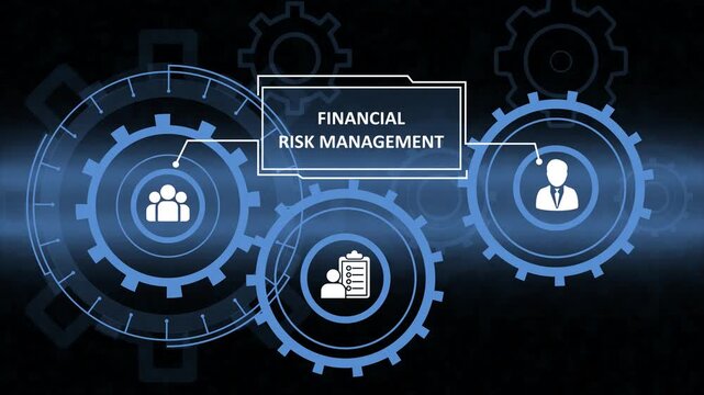 Financial Risk Management Concept with Interlocking Gears and Professional Icons on a Dark Blue Technical Background for Business Strategy and Compliance