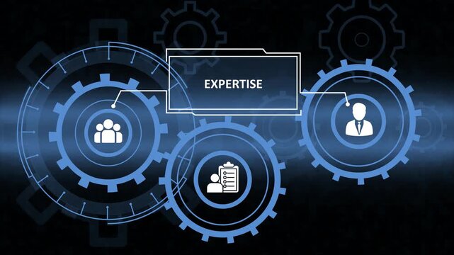 Business Expertise and Professional Skills Concept with Interlocking Gears and People Icons on Futuristic Digital Background