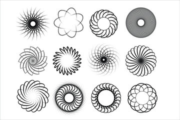 Collection of abstract geometric circular line art patterns, minimalist spirograph symbols, and radial design elements