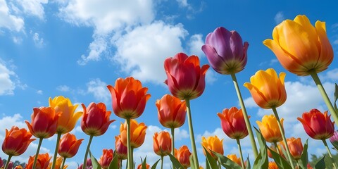 Obraz premium Lively Dutch tulips in vivid colors juxtaposed with a blue sky featuring white clouds