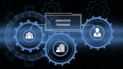 Futuristic digital interface showing employee training concept with blue glowing gears and business icons for human resource development and corporate education.