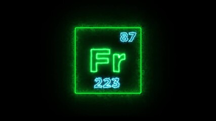 Francium periodic table element symbol hologram, chemical element Periodic Table, atomic weight element number on black background in 4K
