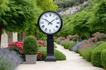 Garden clock with Roman numerals marking time