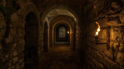 Fototapeta premium A dimly lit stone tunnel with torches on the walls