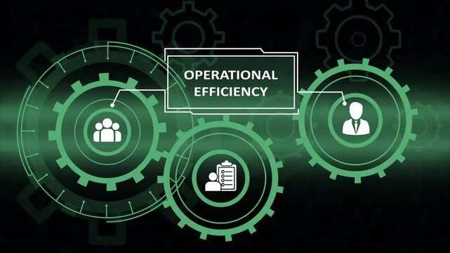 Conceptual digital illustration of operational efficiency featuring interlocking gears and icons for teamwork, leadership, and process management on a green background.
