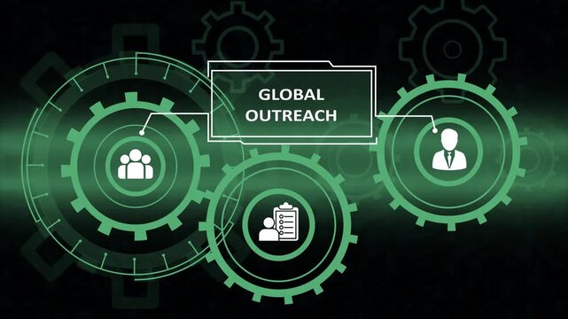 Abstract technological interface displaying Global Outreach text connected to interlocking gears with business people icons, representing international expansion and corporate networking strategy.