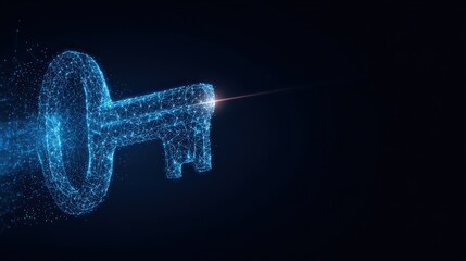 An abstract digital key glows brightly against a dark background, representing concepts like security, access, and unlocking potential. ..Created with Generative AI, not depicting real subjects.