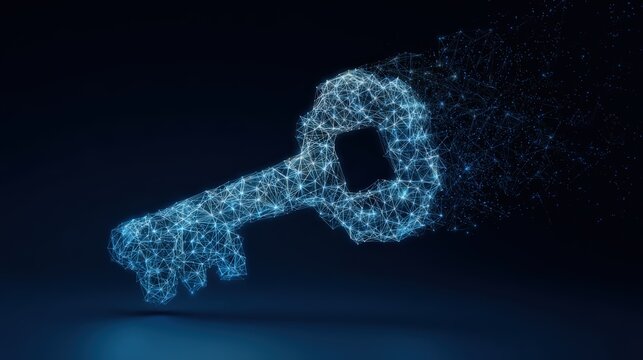 A conceptual image of a digital key. Represents cybersecurity and information access, this image features a glowing digital key. ..Created with Generative AI, not depicting real subjects.