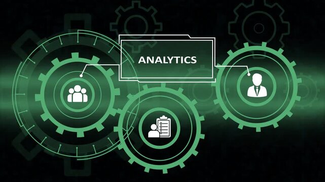 A digital HUD interface illustrating business analytics and management concepts. Interlocking green gears feature icons of teams, individuals, and checklists connected to a central analytics label on 