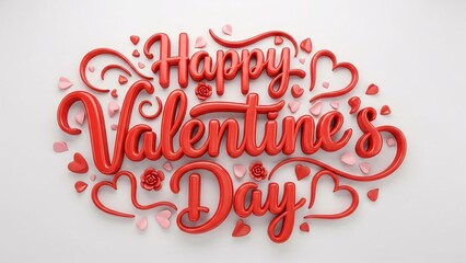 Happy Valentines Day 3d red typography on white background with small hearts and roses