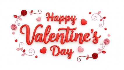 Happy valentine's day 3d render typography with heart shapes and floral decorative elements on white