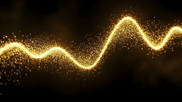 Glowing yellow waveform with sparkling particles on dark background - Powered by Adobe