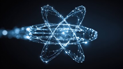A futuristic digital atom structure illuminated with bright blue light against a deep, dark background. ..Created with Generative AI, not depicting real subjects.