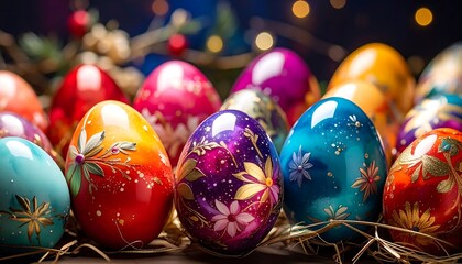 A close-up showcases a collection of elaborately decorated eggs, each vibrantly colored and adorned with floral patterns, reflecting light