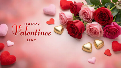 Valentine&rsquo;s Day background featuring hearts, valentines day greeting card, &ldquo;Happy Valentine&rsquo;s Day&rdquo; text, red roses, and chocolates.