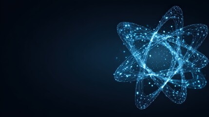 An intricate glowing atom, its delicate structure comprised of tiny, interconnected particles, orbits against a deep, dark expanse. ..Created with Generative AI, not depicting real subjects.