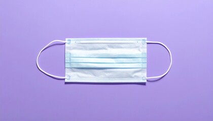 A close-up, overhead view of a disposable medical face mask with ear loops, placed on a light purple surface