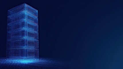 A digital blueprint of a futuristic building, constructed with glowing, interconnected lines, against a deep blue backdrop. ..Created with Generative AI, not depicting real subjects.