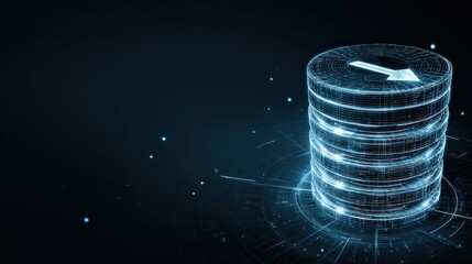 Digital database represented as a glowing cylinder with an arrow symbol, symbolizing the flow of information. Imbued with a modern aesthetic. ..Created with Generative AI, not depicting real subjects.