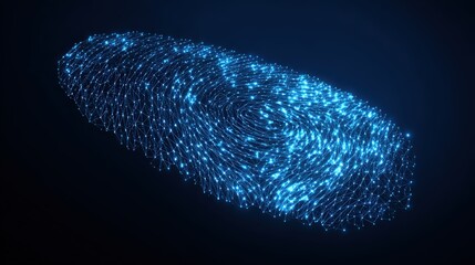 A glowing fingerprint shines against a deep blue backdrop, it's intricate patterns highlighted by streams of light. ..Created with Generative AI, not depicting real subjects.