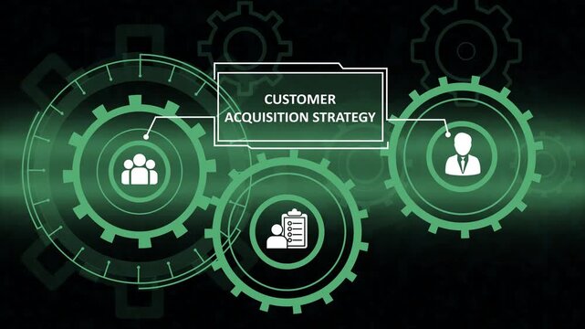 Futuristic digital interface illustrating a Customer Acquisition Strategy with glowing green interlocking gears, business icons, and text elements on a dark background.