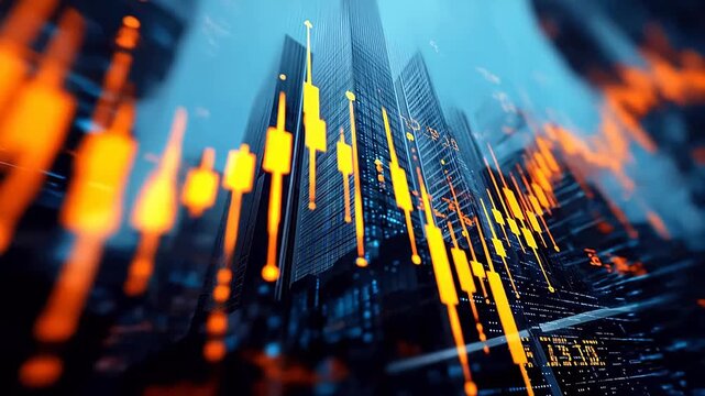 Modern city skyline with financial data overlay