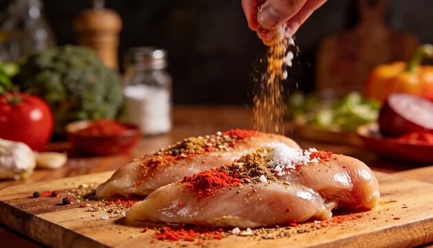 Seasoning chicken breasts with spices and salt for cooking preparation chicken breast seasoning, paprika.