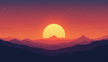 Vibrant sunset over majestic mountain range with golden light