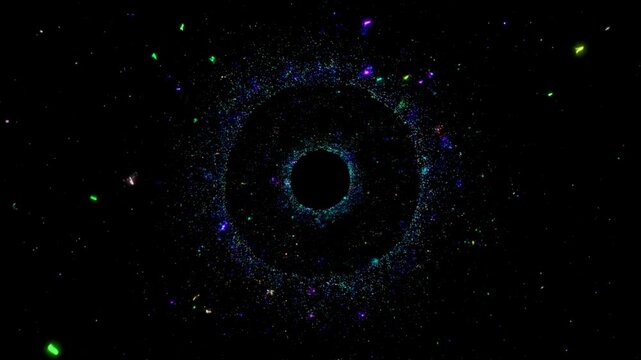 Black-void background with barely visible neon firefly dust forming a spiral vortex, dim cinematic 4K loop.