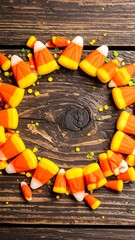 A close-up, overhead view showcases a vibrant arrangement of tri-colored candies, a seasonal treat, and colorful sprinkles on wood