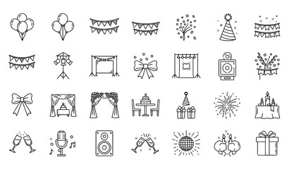 Party Decoration Thin Line Icons Editable Vector Set for Event and Celebration Design