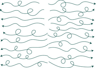 Wavy and Looping Arrows Collection. A set of hand-drawn arrow illustrations. Lines that include wavy and looping patterns. 