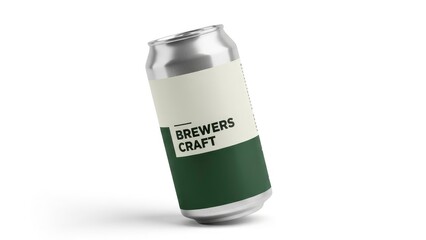 Silver aluminum can with a cream and dark green 'Brewers Craft' label, isolated on a white background. Ideal for beverage branding.